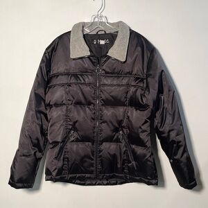 MUDD Moto Black Satin Grey Shirt Collar Quilted City-Chic Down Puffer Jacket L